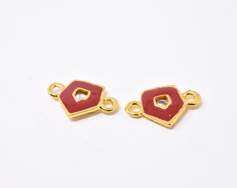 Small Red Meena Pendant, Indian Kundan Pendant, Geometric Jewelry Connector, Gold Enamel, Ethnic Jewelry Making Supplies, Necklace Charm