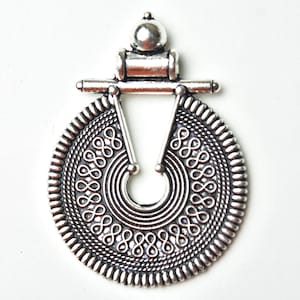 Round Silver Metal Pendant, 54X39 MM, Round Large Charm, Tribal Ethnic Boho, Jewelry Making, Necklace Supplies.
