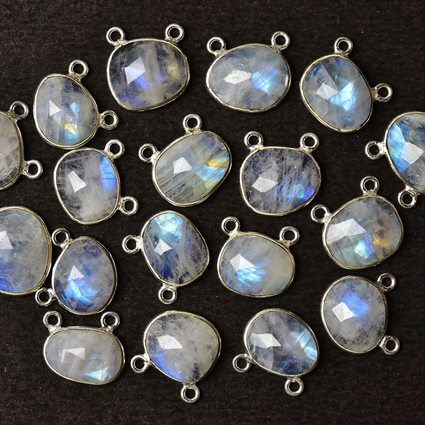 925 Sterling Silver Rainbow Moonstone Faceted Freeform Flat Back Connector, 2 Pieces Pack, Double Loop Station, 10X12 - 12x14 MM with Loop.