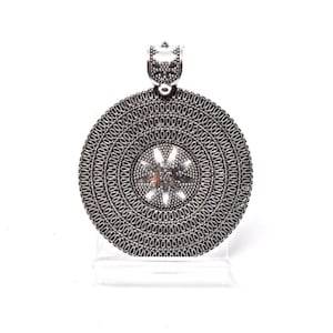 Round Silver Pendant, 49mm Diameter, Tribal Coin Shield Pattern, Rajasthan India, Ethnic Boho Bohemian, Jewelry Necklace Making