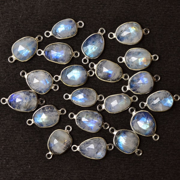 925 Sterling Silver Rainbow Moonstone Faceted Freeform Flat Back Connector, 3 Pieces Pack, Double Loop Station, 9X17 - 10X19 MM with Loop.