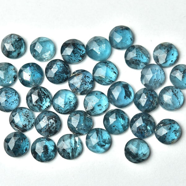 6 MM, Moss Kyanite Rosecut Round Shape, Teal Blue Kyanite, 4 Pieces Pack, Faceted Slices Flat Back, Jewelry Making Supplies, Gemstone Cabs.