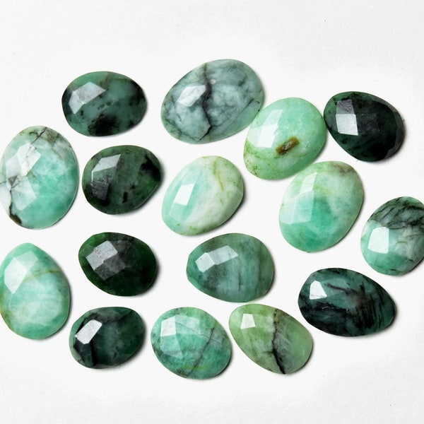 Emerald Rosecut Freeform Shape Faceted Slices Flat Back, Pack of 5 Pieces, 8x10 -10x13 MM, Jewelry Supplies, Precious Stone Cabs.