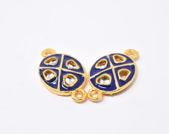 Oval Blue Meena Pendant, Indian Kundan Pendant, Geometric Jewelry Connector, Gold Enamel Cloisonne, Ethnic Jewelry Making, Necklace Charm