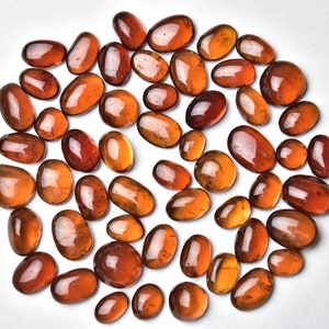 May include: A collection of 40+ oval-shaped, translucent, orange-brown gemstones. The stones are arranged in a circle on a white background.
