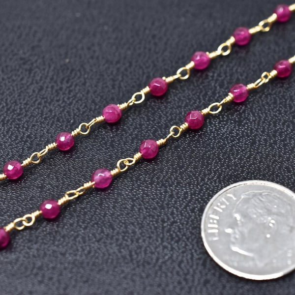 Pink Chalcedony Rosary Beads, Gold Chain, 1-10ft, Fuchsia Chained Gemstones, Indian Semiprecious Gems, Beaded Rosaries, Jewelry Supplies