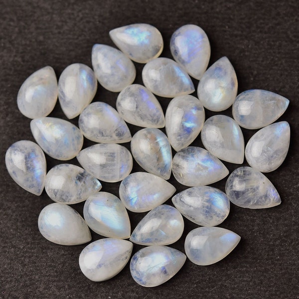 9X13 MM, Rainbow Moonstone Pear Drop Cabochon, Pack of 4 Pieces, Jewelry Supplies, Natural Semiprecious Gemstone, Teardrop Stone Cabs.