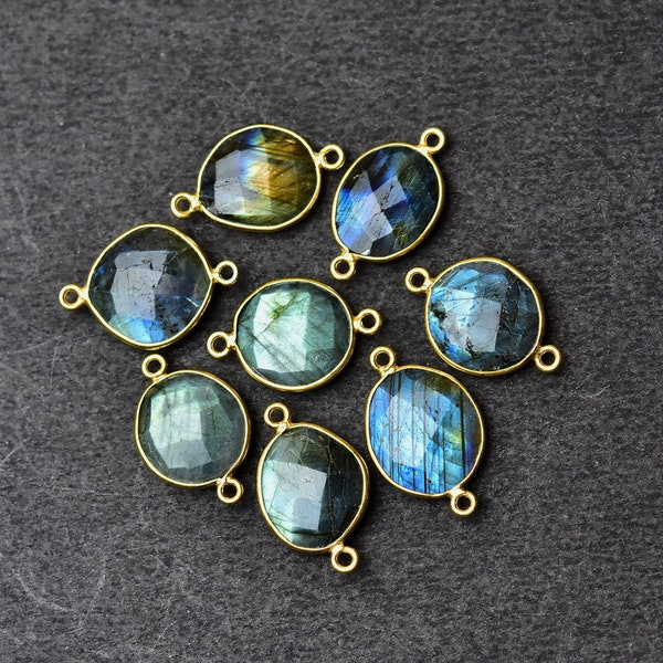 925 Sterling Silver Labradorite Gold Vermeil Faceted Freeform Connector, 2 Pieces Pack, Double Loop Station, 13X20 - 13X22 MM with Loop.