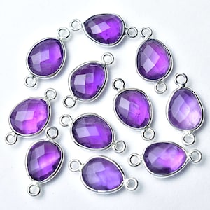 925 Sterling Silver Amethyst Faceted Egg Briolette Connector Links, 2 Pieces Pack,Double Loop, Gemstone Bezel Station, 9X17 MM with Loop.
