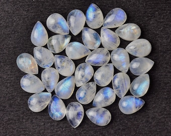 7X10 MM, Rainbow Moonstone Pear Drop Cabochon, Pack of 4 Pieces, Jewelry Supplies, Natural Semiprecious Gemstone, Teardrop Shape Stone.