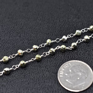 Light Green Coated Pyrite Rosary Beads, Silver Chain, 1-10ft, Gemstone Chain, Indian Semiprecious Gems, Beaded Rosaries, Jewelry Supplies