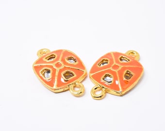Square Orange Meena Pendant, Indian Kundan Pendant, Geometric Jewelry Connector, Gold Enamel Cloisonne, Jewelry Making, Necklace Charm