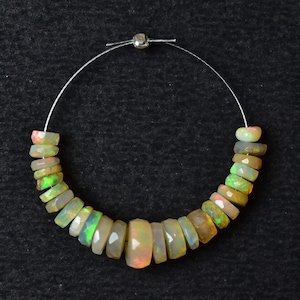 May include: A strand of light green, white, and brown opal beads on a silver wire.