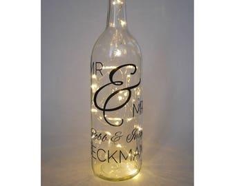 Wedding table wine bottle, light string light decor, wine bottle lights, personalized, gift, centerpiece, custom, wine label