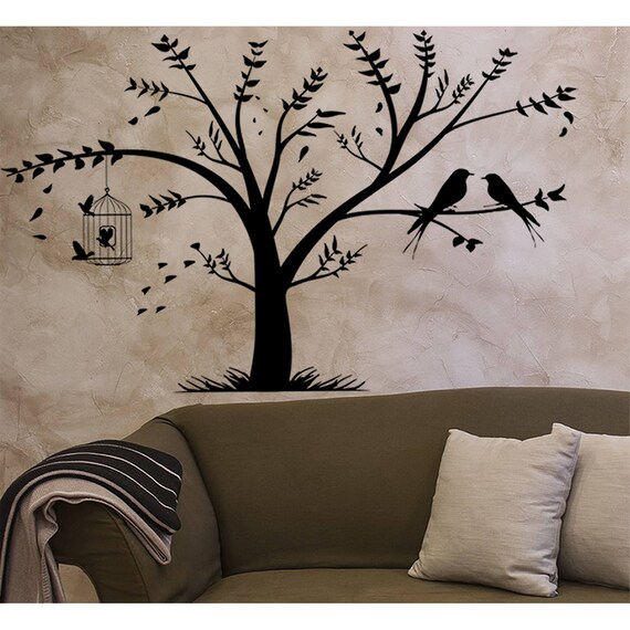 Birdcage Nature Decor Ideas Tree Decal Tree Stickers Wall Decal Bedroom Decorations Dorm Decals Bird Decal Vinyl Sticker Modern Decorating