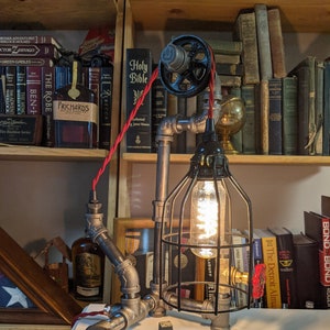 Industrial Pipe Lamp, Cage Lamp, Edison Lamp, Table Lamp, Desk Lamp, Accent Lamp, Pulley Lamp, Lighting, Cage, Pulley, Table, Desk, Pipe