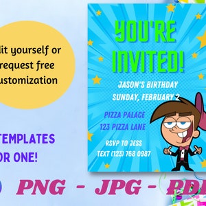Timmy Turner Redelijk vreemde blauwe verjaardagsuitnodiging voor ouders | direct downloaden | aangepaste telefoonuitnodiging voor verjaardag | Nickelodeon-verjaardagsuitnodiging