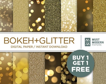 Gold Bokeh Digital Paper, Gold glitter paper, bokeh paper, bokeh background, glitter texture, metallic, printable background, bokeh texture