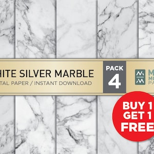 May include: A pack of four digital papers featuring white and silver marble textures. The pack includes a "Buy 1 Get 1 Free" offer and the text "Must Modern Papers".