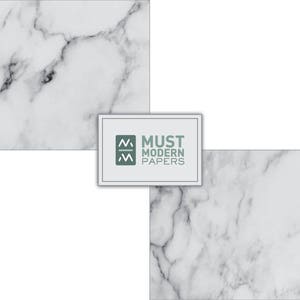 May include: Two white marble textured backgrounds with a logo in the center that says "MUST MODERN PAPERS" in a dark green color.