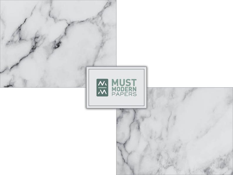 May include: Two white marble textured backgrounds with a logo in the center that says "MUST MODERN PAPERS" in a dark green color.
