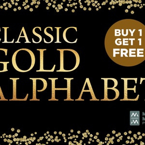 Classic Gold Foil Alphabet, Gold Clipart, Gold Font Clipart, Gold Numbers Strokes, Gold Type Clipart, Metallic Gold Alphabet