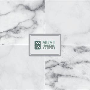 May include: A seamless white marble texture with gray veining. The texture is divided into four squares. The text "MUST MODERN PAPERS" is in a gray rectangle in the center of the image.