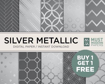 May include: A set of 10 digital papers featuring silver metallic patterns on a gray background. The patterns include geometric shapes, dots, and stripes. The text "SILVER METALLIC" and "DIGITAL PAPER/INSTANT DOWNLOAD" is displayed at the top of the image. The text "MUST MODERN PAPERS" is displayed in the top right corner. The text "BUY 1 GET 1 FREE" is displayed in a green circle in the bottom right corner.