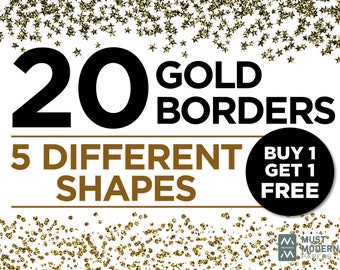 BUY 1 GET 1 FREE, 20 Gold Confetti Borders - Glitter Confetti Clipart - Digital Confetti - 20 Gold Glitter Border Clip Art Overlays High Res