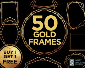 50 Gold Borders - BUY 1 GET 1 FREE, Gold Frame Clipart - Metallic, Glitter Border, Clip Art, Overlays, High Res, Frame overlay
