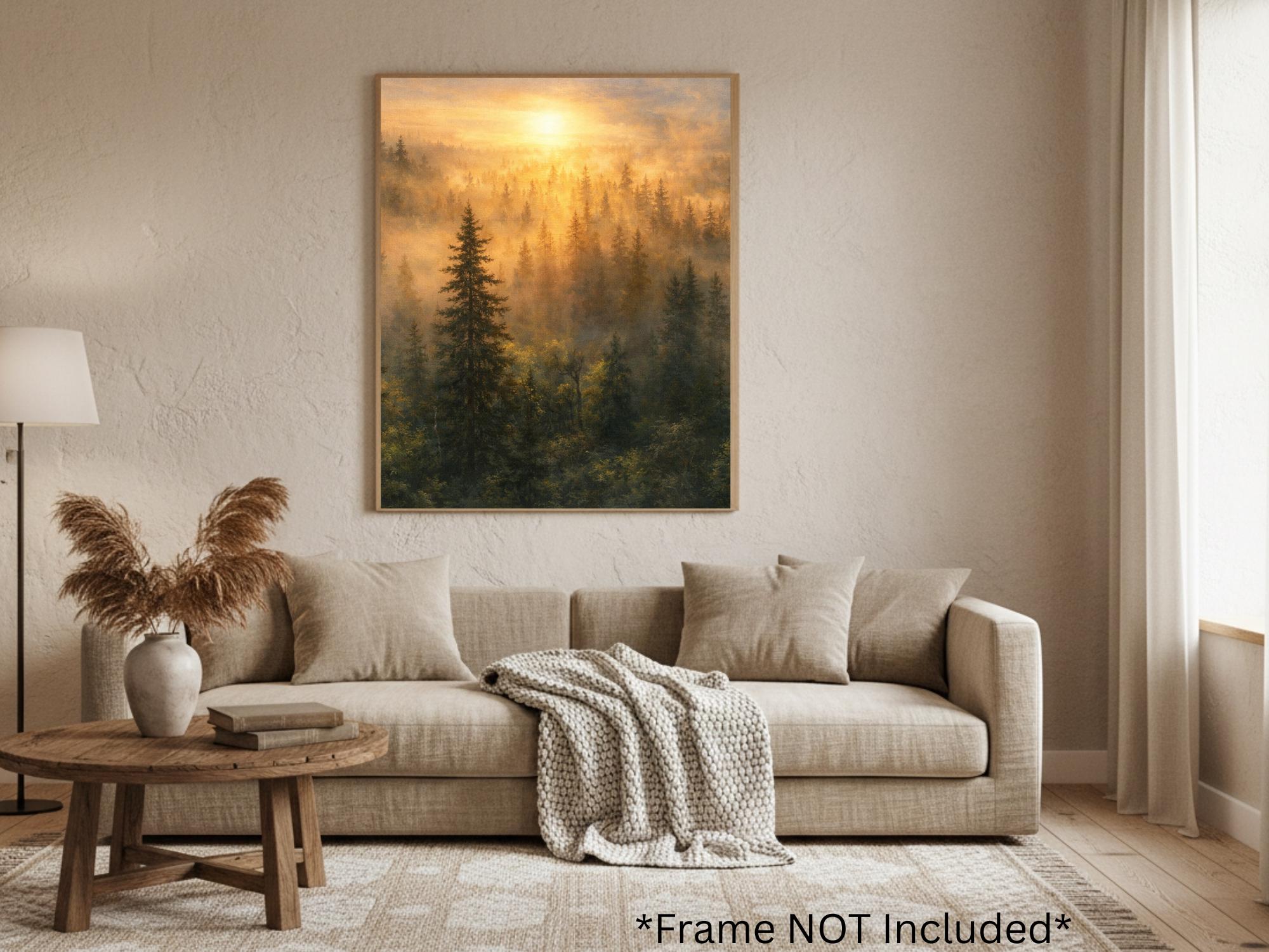 Misty Forest Sunrise Wall Art | Pine Canopy Print | Rustic Cabin Decor ...
