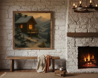 May include: A framed painting depicts a cozy cabin nestled in a snowy landscape, with warm light emanating from its windows. The scene is set against a backdrop of snow-covered mountains and evergreen trees, evoking a sense of winter warmth.