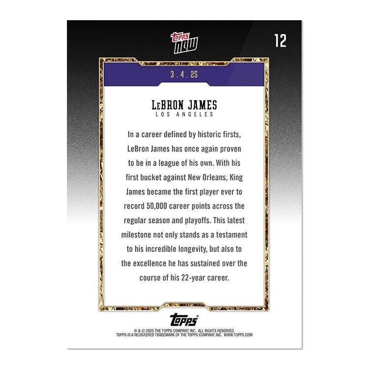 Graded 10 Lebron James 12 2025 Topps NOW Basketball 50k Points