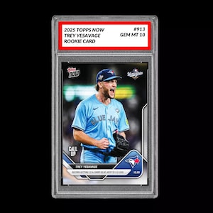 May include: A 2025 Topps Now baseball card featuring Trey Yesavage in a Blue Jays uniform. The card is graded GEM MT 10 and includes the text "ROOKIE CARD". The card also has the text "RECORD-SETTING 12 CARRY BLUE JAYS TO 3-2 LEAD".
