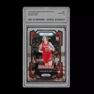 May include: A graded trading card of Caitlin Clark, a rookie basketball player for the Iowa Hawkeyes. The card is from the 2024 Panini Prizm WNBA Monopoly set and is graded a Gem Mint 10. The card features a photo of Clark in her Iowa uniform, dribbling the ball. The card also includes the text "FEVER" and "MONOPOLY".