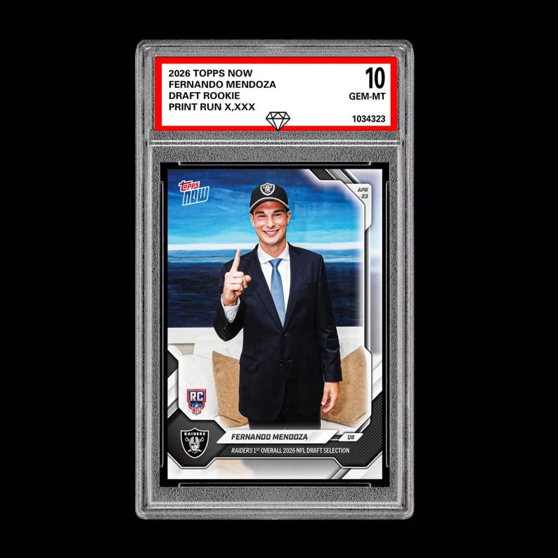 Ocena 10 Fernando Mendoza 2025-26 TOPPS TERAZ Karta debiutanta RC Draft Raiders zdjęcie 1