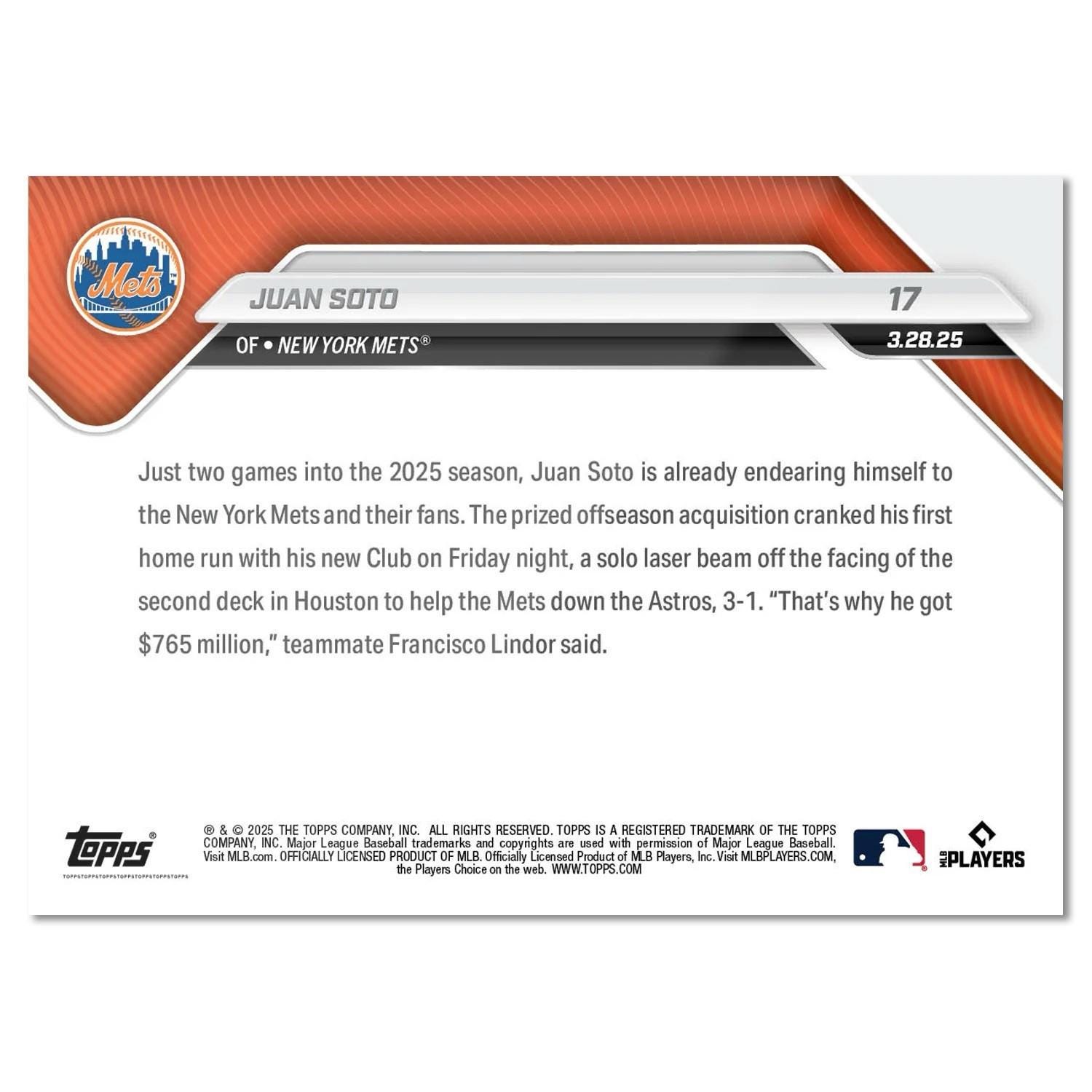 グレード10 フアン・ソト 17 2025 MLB Topps Now ニューヨーク・メッツ 