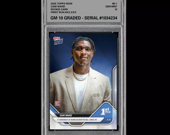 Tarjeta de novato de Cam Ward D-1, primera selección, Topps Now Football Titans 2025, calificada con 10.