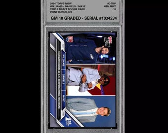 Puede incluir: Una tarjeta comercial calificada con tres jugadores de fútbol: Williams, Daniels y Maye. La tarjeta es de la serie 2024 Topps Now, con una tirada de 5.728. La tarjeta está calificada GM 10 y tiene un número de serie. La tarjeta tiene el texto "Triple Draft Rookie Card".