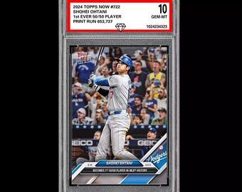 May include: A baseball card featuring Shohei Ohtani, a baseball player for the Los Angeles Angels. The card is a 2024 Topps Now card, numbered #722. The card is graded GEM-MT 10 by Beckett Grading Services. The card is a 1st ever 50/50 player, with a print run of 653,737. The card is in a protective case.