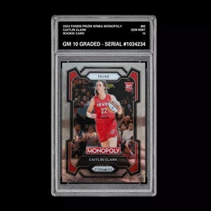 May include: A graded trading card of Caitlin Clark, a rookie basketball player for the Iowa Hawkeyes, in a red jersey with the word "FEVER" on it. The card is from the 2024 Panini Prizm WNBA Monopoly series and is graded a Gem Mint 10. The card has a serial number #1034234.