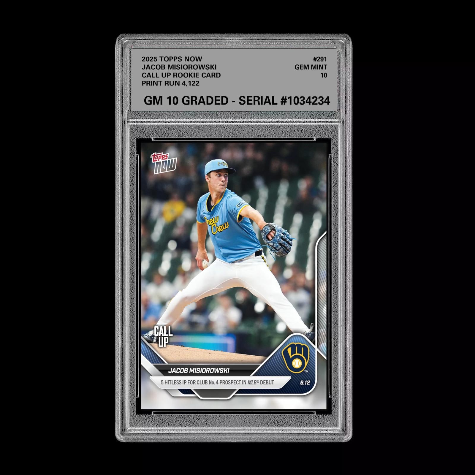 Graded 10 Jacob Misiorowski - 2025 TOPPS NOW 291 RC Rookie Call up 