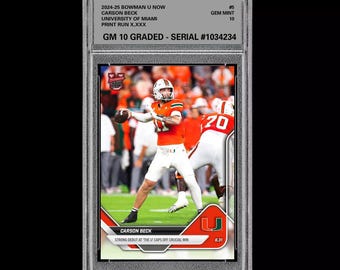 Betyg 10 Carson Beck debuterade Miami U 2025 Bowman U nu fotbollskort 5 RC Rookie