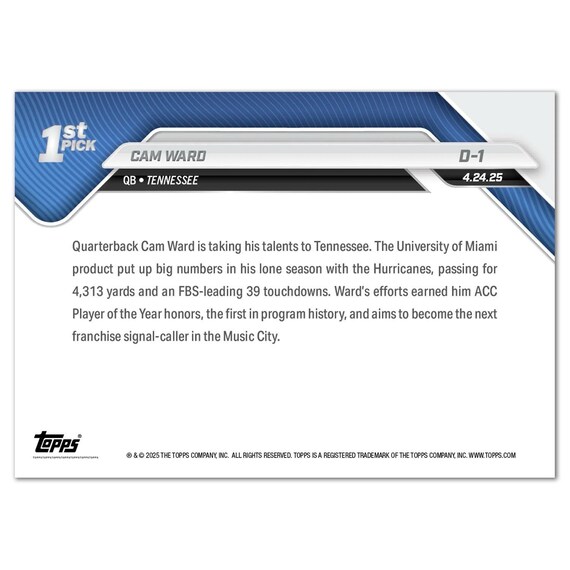 Cameron Ward 2025 PANINI DRAFT NIGHT Graded Gem-Mt 10 Rookie Card. Presale