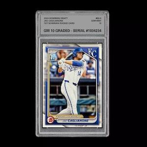 May include: A baseball card featuring Jac Caglianone, a player for the Kansas City Royals. The card is graded 10 and has a serial number of #1034234. The card is from the 2024 Bowman Draft series.