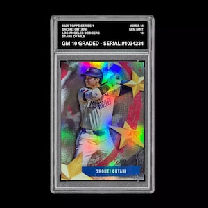 May include: A graded baseball card featuring Shohei Ohtani of the Los Angeles Dodgers. The card is from the 2025 Topps Series 1 set and is graded GM 10. The card has a serial number of #1034234 and includes the text "STARS OF MLB".