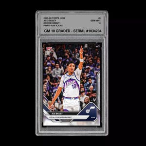 May include: A graded Ace Bailey rookie card from the 2025-26 Topps Now series. The card features a photo of Bailey in a Utah Jazz uniform, with the text "GM 10 GRADED - SERIAL #1034234". The card is encased in a protective holder.