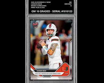Betygsatt 10 Carson Beck 2025-26 Bowman U Nu 63 Miami Hurricanes RC Rookie