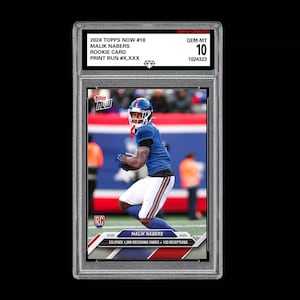 May include: A graded trading card of Malik Nabers, a rookie wide receiver for the New Orleans Saints. The card is from the 2024 Topps Now series and is numbered #18. The card is graded GEM-MT 10 by a third-party grading company. The card features a photo of Nabers in action on the field, wearing his Saints uniform. The card also includes Nabers' name, the team logo, and the card number. The card is in a protective case.