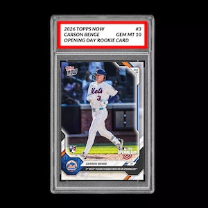 May include: A baseball trading card featuring Carson Benge of the Mets. The card is from the 2026 Topps Now Opening Day Rookie Card series, graded GEM MT 10. The card has a red border at the top with the card details.